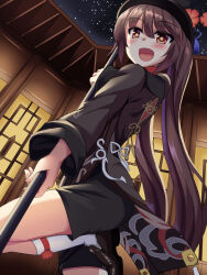  1girl :d black_hat black_shoes black_shorts blush brown_eyes brown_hair commentary_request cowboy_shot dutch_angle eyes_visible_through_hair flower flower-shaped_pupils from_below genshin_impact hair_between_eyes hat hat_flower hat_tassel highres holding holding_polearm holding_weapon hu_tao_(genshin_impact) kneehighs long_hair long_sleeves looking_at_viewer night open_mouth outdoors plum_blossoms polearm porkpie_hat shoes shorts smile socks solo standing standing_on_one_leg symbol-shaped_pupils tailcoat twintails very_long_hair weapon white_socks wide_sleeves yasuu_(ezuw3737) 