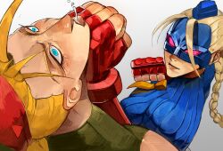  ahoge antenna_hair attack braid cammy_white decapre dual_persona eye_mask fighting green_leotard highleg highleg_leotard highres leotard mask nose punching raph_mavrost ribbed_leotard saliva scar scar_on_cheek scar_on_face serious sleeved_leotard spitting street_fighter thong_leotard twin_braids uppercut wide-eyed 
