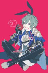  1boy ahoge animal_ears apple armor artist_name black_boots black_choker black_coat black_gloves black_hairband blood blood_on_clothes blood_on_face blood_on_weapon blue_cape blue_coat blue_gloves blue_shirt blue_vest boots buttons cape choker coat collared_shirt commentary_request crossed_ankles crossed_bangs dagger earrings fake_animal_ears food fruit genshin_impact gloves gold_trim grey_hair hair_between_eyes hair_intakes hairband hand_up highres holding holding_dagger holding_food holding_fruit holding_knife holding_weapon jewelry knife lapels lohen_(genshin_impact) long_sleeves looking_at_viewer male_focus multicolored_eyes multicolored_gloves nyamaso open_clothes open_coat open_mouth pants pauldrons pink_background rabbit_ears shirt short_hair shoulder_armor simple_background single_earring single_pauldron sitting sleeve_cuffs solo tassel teeth thigh_boots twitter_username two-tone_gloves vest violet_eyes weapon white_pants white_shirt wing_collar 