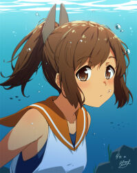  1girl air_bubble blue_one-piece_swimsuit brown_eyes brown_hair bubble commentary_request highres i-401_(kancolle) kantai_collection looking_at_viewer necono_(nekonosora1207) one-hour_drawing_challenge one-piece_swimsuit orange_sailor_collar ponytail revision sailor_collar short_hair short_ponytail side-tie_shirt solo swimsuit swimsuit_under_clothes tan underwater upper_body 