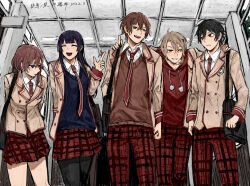 2girls 3boys a-ya_(shuuen_no_shiori) absurdres anniversary b-ko black_hair black_thighhighs blazer blue_vest blunt_bangs brown_hair brown_vest buttons c-ta ceiling chinese_commentary collared_shirt commentary_request copyright_name cowboy_shot d-ne dated day double-breasted drawstring e-noru green_eyes hair_between_eyes hair_ornament hairclip hallway hands_on_another's_shoulders highres hood hoodie indoors jacket lace-trimmed_thighhighs lace_trim lai_(asd1998620) lapels long_hair long_sleeves looking_to_the_side multiple_boys multiple_girls necktie notched_lapels open_clothes open_jacket pants pantyhose plaid_clothes plaid_pants plaid_skirt pointing pointing_up red_eyes red_hoodie red_jacket red_necktie red_pants red_ribbon red_skirt ribbon school_uniform shirt short_hair shuuen_no_shiori_project sign skirt standing thigh-highs tile_ceiling tiles triangle_hair_ornament vest violet_eyes white_shirt window yellow_eyes 