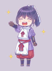  1boy :d armor black_hair brown_gloves chibi chibi_only clenched_hand closed_eyes ctlg_ngwk curly_sidelocks facing_viewer full_body gloves grey_background hair_between_eyes hair_intakes hakama high_ponytail houjou_tokiyuki_(nige_jouzu_no_wakagimi) japanese_armor japanese_clothes kimono kote kurokote long_hair male_focus nige_jouzu_no_wakagimi outstretched_arm ponytail purple_kimono red_hakama red_sash sandals sash shide simple_background smile solo sparkle suneate tabard tabi teeth upper_teeth_only violet_eyes white_tabard zouri 