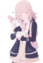  2girls absurdres animal_bag bag blue_jacket cat_bag danganronpa_(series) danganronpa_2:_goodbye_despair highres holding holding_stuffed_toy jacket light_smile looking_at_viewer monomi_(danganronpa) multiple_girls nanami_chiaki pink_bag pink_eyes pink_hair simple_background skirt stuffed_toy white_background wollflower 