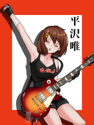  1girl :o armpits artist_logo artist_name bare_shoulders black_gloves black_shorts black_tank_top blush bob_cut border breasts brown_hair cable character_name closed_eyes clothes_writing collarbone commentary copyright_name drop_shadow electric_guitar english_commentary excited gibson_les_paul gloves guitar guitar_strap hair_between_eyes hair_ornament hairclip highres hirasawa_yui holding holding_guitar holding_instrument holding_plectrum instrument jumping k-on! light_blush logo medium_breasts midriff_peek music open_mouth outside_border parallel_hairclips playing_instrument plectrum red_border short_hair short_shorts shorts shouting simple_background sleeveless solo tank_top taqi99 translated v-shaped_eyebrows white_background 