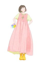  1girl :t absurdres arms_behind_back blush boots bouquet brown_eyes brown_hair chinese_commentary commentary_request dress floral_print flower full_body green_shirt highres holding holding_bouquet iwakura_mitsumi long_dress looking_up pink_dress pout rubber_boots shirt shirt_under_dress short_hair short_sleeves simple_background skip_to_loafer solo standing summer_pipa undershirt watermark white_background yellow_boots 