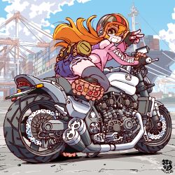  1girl bicycle blue_eyes boots crane_(machine) dock drydock exhaust_pipe harbor helmet highres leaning_against_motorcycle looking_at_viewer motor_vehicle motorcycle motorcycle_helmet necosuke on_motorcycle one_eye_closed original red_hair riding ship shipping_container shipyard v watercraft yamaha yamaha_v-max 