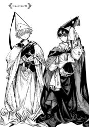  2boys aged_down cape cloak closed_mouth cosplay full_body greyscale hair_between_eyes hair_over_one_eye hand_on_own_hip hand_up hat highres long_sleeves looking_at_viewer male_focus monochrome multiple_boys olruggio_(tongari_boushi_no_atelier) qifrey_(tongari_boushi_no_atelier) shirahama_kamome short_hair simple_background sleeves_past_fingers sleeves_past_wrists standing tassel tongari_boushi_no_atelier white_background wizard_hat 