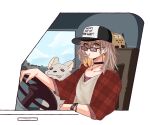  1girl animal_(nanashi_mumei) baseball_cap black_choker brown_eyes choker driving earrings fongban_illust food-themed_earrings hat highres hololive hololive_english hootsie_(nanashi_mumei) jewelry light_brown_hair nanashi_mumei nanashi_mumei_(3rd_costume) necklace official_alternate_costume plaid plaid_shirt red_shirt shirt sleeves_rolled_up sunglasses sweater tongue tongue_out virtual_youtuber white_sweater wristband 