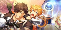  2boys black_gloves black_hair black_shirt blonde_hair blue_eyes brown_hair collarbone ear_piercing earrings explosive eyepatch fingerless_gloves gloves grenade grin hair_between_eyes hair_over_one_eye highres holding jewelry lagoon_(yumekuro) long_hair low_ponytail male_focus mature_male motor_vehicle motorcycle multiple_boys non-web_source official_art open_mouth orange_hair outdoors piercing ponytail riding scar scar_on_face shirt short_hair smile sunset tear_troughs teeth upper_body yume_shokuin_to_wasureji_no_kuroi_yousei 