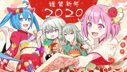  +_+ 2020 3girls :d ahoge animal_ears blue_hair blush bow cat_ears colorful_palette commentary_request floral_print floral_print_kimono flower gradient_clothes gradient_kimono green_hair green_kimono hagoita hair_between_eyes hair_bow hair_flower hair_ornament hatsune_miku holding holding_paddle japanese_clothes kimono kusanagi_nene low-tied_sidelocks multiple_girls nenerobo new_year obi official_art ootori_emu open_mouth paddle pink_eyes pink_hair pom_pom_(clothes) pom_pom_hair_ornament print_kimono project_sekai red_flower red_kimono sash sharp_teeth sidelocks smile star_(symbol) teeth tongue translation_request twintails upper_teeth_only violet_eyes vocaloid white_flower white_kimono wide_sleeves wonderlands_x_showtime_miku 