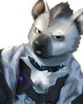  1boy arknights black_eyes eichi_doraking english_commentary eyebrow_piercing furry furry_male grey_fur grey_shirt highres hyena_boy hyena_ears infection_monitor_(arknights) jacket looking_at_viewer male_focus mohawk no_eyebrows open_clothes open_jacket piercing shirt spot_(arknights) tongue tongue_out 
