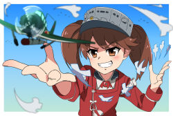  1girl aircraft airplane blue_sky blush bomber border brown_hair collared_shirt commentary_request gradient_sky grey_hat hat kantai_collection launching long_sleeves looking_at_object medium_hair military_vehicle necono_(nekonosora1207) open_mouth outdoors outside_border parted_bangs red_eyes ryuujou_(kancolle) shirt sky smile solo teeth torpedo_bomber twintails upper_body visor_cap white_border white_shirt 