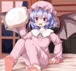  1girl alternate_costume angry barefoot bat_wings blue_hair highres holding holding_pillow open_mouth pajamas pillow pink_eyes remilia_scarlet ruu_(tksymkw) short_hair solo toes touhou v-shaped_eyebrows wings 