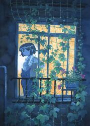  1girl apartment black_cat cat commentary_request flower gardening heikala highres indoors morning_glory night original plant potted_plant scenery sitting slice_of_life solo standing tile_wall tiles towel window 