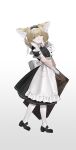  1girl absurdres alternate_costume animal_ears apron arknights black_dress black_footwear blonde_hair braid braided_hair_rings closed_mouth dress enmaided fox_ears fox_girl gloves green_eyes hair_ribbon hair_rings highres holding holding_suitcase maid maid_apron maid_headdress medium_dress no_tail one_eye_closed pantyhose puffy_short_sleeves puffy_sleeves ribbon shoes short_hair short_sleeves simple_background solo suitcase suyi-j suzuran_(arknights) twin_braids white_apron white_background white_gloves white_pantyhose white_ribbon 