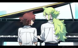  2boys brown_hair collared_shirt commentary_request green_hair highres hilbert_(pokemon) hitotose_rinne long_hair looking_at_another male_focus messy_hair multiple_boys n_(pokemon) pokemon pokemon_black_and_white ponytail shirt 
