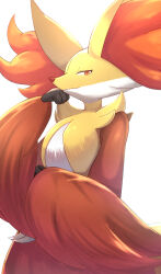  1girl closed_mouth commentary_request delphox furry furry_female highres looking_at_viewer pokemon pokemon_(creature) red_eyes rumine_(yoshi1234567) simple_background solo upper_body white_background 