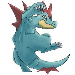  10ma10dantali0n claws closed_mouth commentary_request feraligatr full_body looking_at_viewer no_humans nostrils orange_eyes pokemon pokemon_(creature) simple_background solo white_background 