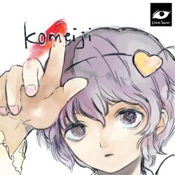  1girl abe_yoshitoshi_(style) blood blood_writing character_name close-up commentary derivative_work drawing_(action) drawing_on_fourth_wall english_commentary hair_between_eyes hair_ornament heart iwakura_lain komeiji_satori nail_polish open_mouth parody parted_lips pink_nails pointing portrait purple_hair serial_experiments_lain short_hair simple_background solo touhou tsukamoto_anabone video_game_cover_redraw violet_eyes white_background 