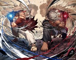  2boys akuma_(street_fighter) barefoot beard black_hair black_sclera colored_sclera commentary_request dark-skinned_male dark_skin facial_hair glowing glowing_eyes hadouken headband highres incoming_attack kuroi_susumu multiple_boys muscular muscular_male red_headband ryu_(street_fighter) sandals street_fighter street_fighter_6 topknot topless_male white_hair 