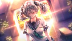  1girl amakano_2 black_ribbon blue_eyes blue_sailor_collar blurry blurry_background blush breasts closed_mouth collarbone confession dutch_angle game_cg green_neckerchief grey_hair hair_between_eyes hair_ribbon highres jigokudani_sara medium_hair neckerchief non-web_source official_art outdoors parted_lips piromizu plant pov ribbon sailor_collar self-datamine short_sleeves skirt solo summer_uniform sunset twintails variant_set 