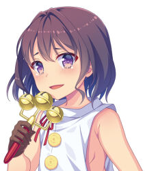  1boy :d alternate_hair_length_(shorter) bell black_hair blush bob_cut brown_gloves commentary_request crossed_bangs ctlg_ngwk curly_sidelocks gloves hair_between_eyes hair_intakes head_tilt houjou_tokiyuki_(nige_jouzu_no_wakagimi) jingle_bell kagura_suzu looking_at_viewer lowres male_focus naked_tabard nige_jouzu_no_wakagimi pectorals profile raised_inner_eyebrows short_eyebrows short_hair sidepec simple_background smile solo tabard tearing_up violet_eyes white_background white_tabard 