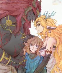  1girl 2boys :t absurdres beard blonde_hair boy_and_girl_sandwich claws colored_skin commentary demon_dragon_(zelda) dragon_boy dragon_ears dragon_horns eye_contact facial_hair ganondorf glaring grey_skin hand_on_another's_head highres holding_another's_wrist horns light_dragon_(zelda) link looking_at_another mori_(vvmorivv) multiple_boys pointy_ears princess_zelda red_hair sandwiched tall_female tall_male the_legend_of_zelda the_legend_of_zelda:_tears_of_the_kingdom 