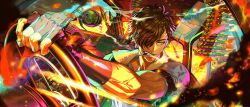  1boy ammunition_belt black_gloves brown_hair bullet car cigarette dark-skinned_male dark_skin driving explosive eyepatch fingerless_gloves fire fur_trim gloves grenade gun hair_over_one_eye highres jacket lagoon_(yumekuro) male_focus mature_male motor_vehicle mouth_hold muscular non-web_source official_art one_eye_covered scar shirt short_hair smoke smoking solo steering_wheel tear_troughs upper_body weapon yume_shokuin_to_wasureji_no_kuroi_yousei 