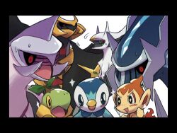  10ma10dantali0n arceus black_border blue_eyes blush border chimchar colored_sclera commentary_request dialga fiery_tail fire giratina green_sclera no_humans open_mouth palkia piplup pokemon pokemon_(creature) red_eyes sparkling_eyes sweatdrop tail turtwig 
