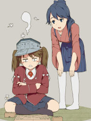  :d black_socks blue_eyes blue_hair blue_skirt blush blush_stickers board_game brown_hair collared_shirt commentary_request frown full_body ghost grey_background hair_between_eyes hitodama houshou_(kancolle) indian_style jacket japanese_clothes kantai_collection kimono kimono_skirt kneehighs leaning_forward long_hair long_sleeves looking_at_another looking_down necono_(nekonosora1207) open_mouth pantyhose pleated_skirt ponytail red_jacket red_kimono ryuujou_(kancolle) shirt simple_background sitting skirt smile socks teeth twintails visor_cap white_pantyhose white_shirt wide_sleeves 