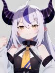  1girl ahoge ascot bare_shoulders black_horns braid braided_bangs detached_sleeves grey_hair highres hololive horns la+_darknesss la+_darknesss_(1st_costume) looking_at_viewer multicolored_hair pointy_ears purple_hair sidelocks smile solo streaked_hair striped_horns virtual_youtuber yellow_ascot yellow_eyes yukimochi_(ykillust) 