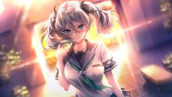  1girl amakano_2 black_ribbon blue_eyes blue_sailor_collar blurry blurry_background blush breasts closed_mouth collarbone confession dutch_angle game_cg green_neckerchief grey_hair hair_between_eyes hair_ribbon hand_up highres jigokudani_sara looking_at_viewer medium_hair neckerchief non-web_source official_art outdoors piromizu plant pov ribbon sailor_collar self-datamine short_sleeves skirt solo summer_uniform sunset twintails variant_set 