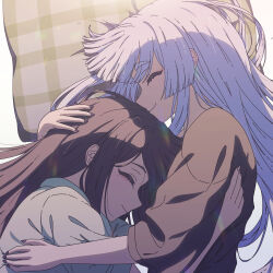  2girls absurdres black_hair black_shirt cho_kaguya-hime! closed_eyes closed_mouth commentary_request green_shirt hand_on_another's_head happy highres hug long_hair lying multiple_girls on_side pillow runami_yachiyo sakayori_iroha shirt sidelocks simple_background smile thereaakari white_background white_hair yuri 