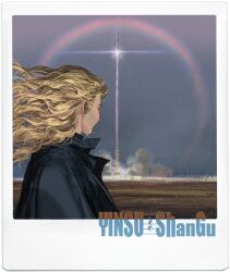  1girl blonde_hair commentary_request eva_stratt fleet highres long_hair project_hail_mary rocket rocket_ship solo space_shuttle spacecraft spacecraft_turret yoku_(liuyc) 