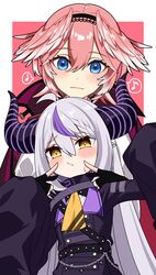  2girls absurdres ahoge ascot black_horns blue_eyes braid braided_bangs collar grey_hair hair_wings highres hololive horns la+_darknesss metal_collar multicolored_hair multiple_girls omas_lie pink_hair pointy_ears purple_hair sleeves_past_fingers sleeves_past_wrists streaked_hair striped_horns sweat takane_lui virtual_youtuber yellow_ascot yellow_eyes 