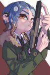  1boy black_necktie blue_hair collared_shirt commentary_request earrings fur-trimmed_jacket fur_trim green_jacket gun highres holding holding_gun holding_weapon jacket jewelry looking_at_viewer medium_hair multicolored_hair n-zap_(splatoon) nastar_r0 necktie octoling octoling_boy orange_eyes orange_hair red_background shirt simple_background solo splatoon_(series) two-tone_background two-tone_hair weapon white_background white_shirt 