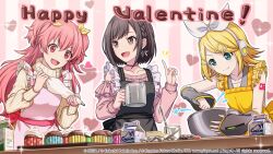  39 3girls :d apron aqua_eyes arm_tattoo black_apron blonde_hair bow_hairband bowl braid brown_eyes brown_hair closed_mouth colorful_palette commentary_request cupcake detached_sleeves drink_carton fang food frilled_apron frilled_sweater frills grey_sleeves hair_ornament hairband hairclip happy_valentine heart highres holding holding_bowl holding_pastry_bag holding_whisk kagamine_rin milk_carton momoi_airi multiple_girls number_tattoo official_art pastry_bag pink_apron pink_eyes pink_hair pink_sweater project_sekai shinonome_ena smile sparkle striped_background sweater tattoo tongue two_side_up valentine vocaloid whisk white_sweater yellow_apron 
