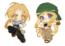  1boy 1girl ahoge artist_name automail bandana bandeau belt black_bandeau black_boots black_pants black_tank_top blonde_hair blue_eyes boots braid breasts brown_belt brown_gloves brown_jumpsuit chibi chibi_only closed_mouth commentary earrings edward_elric full_body fullmetal_alchemist furrowed_brow gloves green_bandana hair_tie hand_on_own_hip highres holding holding_wrench jewelry jumpsuit jumpsuit_around_waist light_smile long_hair looking_at_viewer mechanical_arms medium_breasts midriff midriff_peek outstretched_arm pants parted_bangs pocket_watch sandals single_braid single_mechanical_arm tank_top tokitokiee watch white_background white_gloves winry_rockbell wrench yellow_eyes 