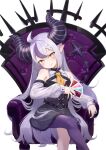  absurdres ahoge bare_shoulders black_horns black_nails braid braided_bangs card grey_hair highres holding holding_card hololive horns la+_darknesss la+_darknesss_(1st_costume) lerk_puzz multicolored_hair pointy_ears purple_hair purple_thighhighs single_thighhigh sitting streaked_hair striped_horns thigh-highs yellow_eyes 