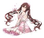  1girl back bare_shoulders bow brown_hair dress flower frilled_dress frills hair_bow hair_flower hair_ornament hand_up higawari_(higawarikn) highres idolmaster idolmaster_shiny_colors layered_dress long_hair looking_at_viewer looking_back osaki_tenka petals pink_bow pink_dress pink_flower simple_background solo twintails white_background yellow_eyes 