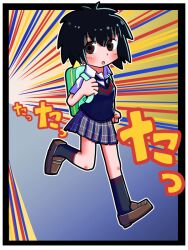  1girl :o arm_at_side backpack bag black_border black_hair black_necktie black_socks black_sweater_vest blue_background blush border breasts brown_eyes brown_shoes clenched_hands collared_shirt commentary cowlick dress_shirt full_body gradient_background green_bag grey_skirt hair_between_eyes holding_strap loafers looking_at_viewer marvel mushita_iron necktie open_mouth outline outside_border peni_parker plaid_clothes plaid_skirt pleated_skirt red_trim running school_uniform shirt shoes short_hair short_hair_with_long_locks short_sleeves skirt small_breasts socks solo sound_effects spider-man:_into_the_spider-verse spider-man_(series) spider-verse sunburst sunburst_background sweater_vest translated v-neck white_border white_outline white_shirt 