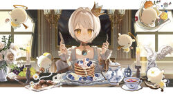  1girl animal asa_going blueberry candle choker commentary cookie cream crown crown_(crownia) crownia cup dining_room dress flower flying_animal food fork fruit hair_intakes highres holding holding_fork holding_knife imminent_eating indoors knife letterboxed long_sleeves looking_at_viewer mini_crown outside_border pancake pancake_stack parted_lips plate pointed_crown saucer short_hair solo straight-on swept_bangs table tapir tea tea_set teacup teapot tray white_dress white_flower white_hair yellow_eyes 