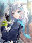  1girl animal_ear_fluff animal_ears black_gloves black_jacket blue_archive blue_eyes blue_halo blue_scarf cross_hair_ornament extra_ears gloves green_gloves grey_hair hair_ornament halo highres jacket komena_(shinyday312) long_sleeves looking_at_viewer medium_hair mismatched_pupils open_mouth outdoors scarf shiroko_(blue_archive) smile solo two-tone_gloves upper_body wolf_ears 