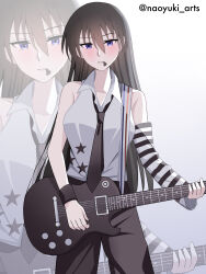  1girl absurdres arm_warmers avril_lavigne avril_lavigne_(cosplay) avril_lavigne_(musician) azumanga_daioh bare_shoulders black_pants blue_eyes blush bracelet breasts collared_shirt complicated_(avril_lavigne) cosplay electric_guitar guitar highres holding holding_guitar holding_instrument instrument jewelry large_breasts long_hair looking_at_viewer mouth_hold naoyuki_arts pants plectrum plectrum_in_mouth sakaki_(azumanga_daioh) shirt simple_background single_arm_warmer star_(symbol) striped_arm_warmers twitter_username white_background white_shirt zoom_layer 