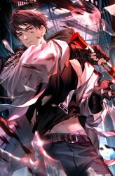  1boy bandages baseball_bat belt bishounen black_gloves black_hair black_shirt blood blood_on_clothes blood_on_face blood_on_weapon broken_glass closed_mouth fingerless_gloves glass glass_shards gloves highres holding holding_weapon hood hood_down hoodie jacket li_zeyan looking_at_viewer love_and_producer male_focus midriff_peek navel non-web_source official_art open_clothes open_jacket pants shirt short_hair sleeveless solo torn_clothes torn_shirt violet_eyes weapon white_jacket 