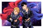  2boys blonde_hair blue_cape blue_eyes cape crossed_arms ehanby galactic_empire_(gin&#039;eiden) ginga_eiyuu_densetsu heterochromia military_uniform multiple_boys oskar_von_reuenthal red_cape star_(sky) uniform wolfgang_mittermeyer 