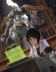  1girl 2boys black_hair black_shirt blue_visor catwalk_(walkway) commentary gun hangar holding holographic_interface holographic_touchscreen lanyard mecha multiple_boys nihoshi_(bipedal_s) original robot science_fiction scientist shirt short_hair small_sweatdrop weapon yellow_eyes 
