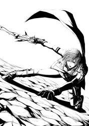  1girl blade43883059 blazefire_saber commentary_request final_fantasy final_fantasy_xiii floating_cape full_body gloves greyscale gunblade highres holding holding_sword holding_weapon jacket lightning_farron long_hair monochrome parted_bangs pose_request single_shoulder_pad solo sword weapon 