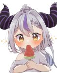  ahoge black_horns braid braided_bangs eating food grey_hair hololive horns la+_darknesss multicolored_hair off_shoulder pointy_ears ponytail popsicle purple_hair sera_(mikimoooopic) streaked_hair striped_horns watermelon_bar yellow_eyes 