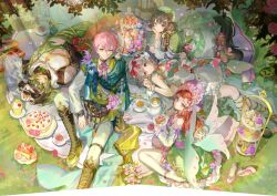  2boys 3girls animal_ears blue_shawl bonnet boots breasts brown_hair cake cake_slice colored_tips cup dress elu_(nijisanji) flower food fruit full_body green_boots green_dress green_eyes green_hair grey_hair group_picture hanabatake_chaika head_rest heterochromia high_heels hitokoto inui_toko jacket large_breasts light_rays long_sleeves looking_at_viewer lying monocle multicolored_hair multiple_boys multiple_girls nijisanji no_shoes official_alternate_costume official_art on_back one_eye_closed pants petals pink_flower pink_hair pink_rose pink_shoes plate pointy_ears red_eyes red_hair rose saotome_berry saucer second-party_source shawl shoes smile strawberry stuffed_animal stuffed_toy sumeragi_reo sunbeam sunlight tail teacup teapot teddy_bear tiered_tray unworn_shoes virtual_youtuber white_jacket white_pants yellow_eyes 